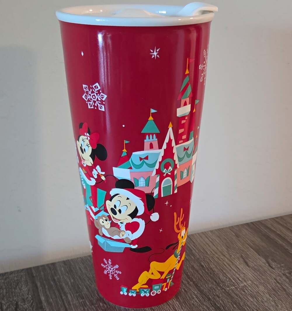 NWT Disney Parks Mickey Mouse Holiday Red Ceramic Travel Mug w Lid Christmas